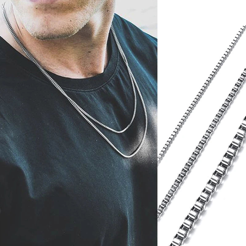 1/2/3MM Thin Chain Necklace for Men,Stainless Steel Square Box Chain Link Collars,Male Jewelry Gift