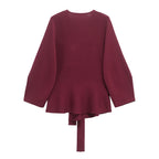 Spring Women Shoulder Pad Belt Knit Blazer Women Retro V-neck Long Sleeve Versatile Female Coat Women Clothes 9598/128