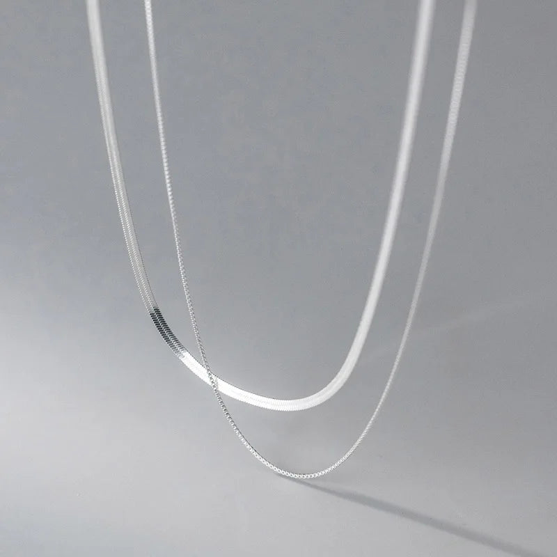 2023 S925 Silver Double Layer Box Chain Snake Clavicle Chain Necklace Female Fashion Hip-hop Retro Unique Design Fine Jewelry