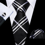 Barry.Wang Black White Gray Silver Men Tie Handkerchief Cufflinks Set Jacquard Necktie for Male Wedding Business Party Gift