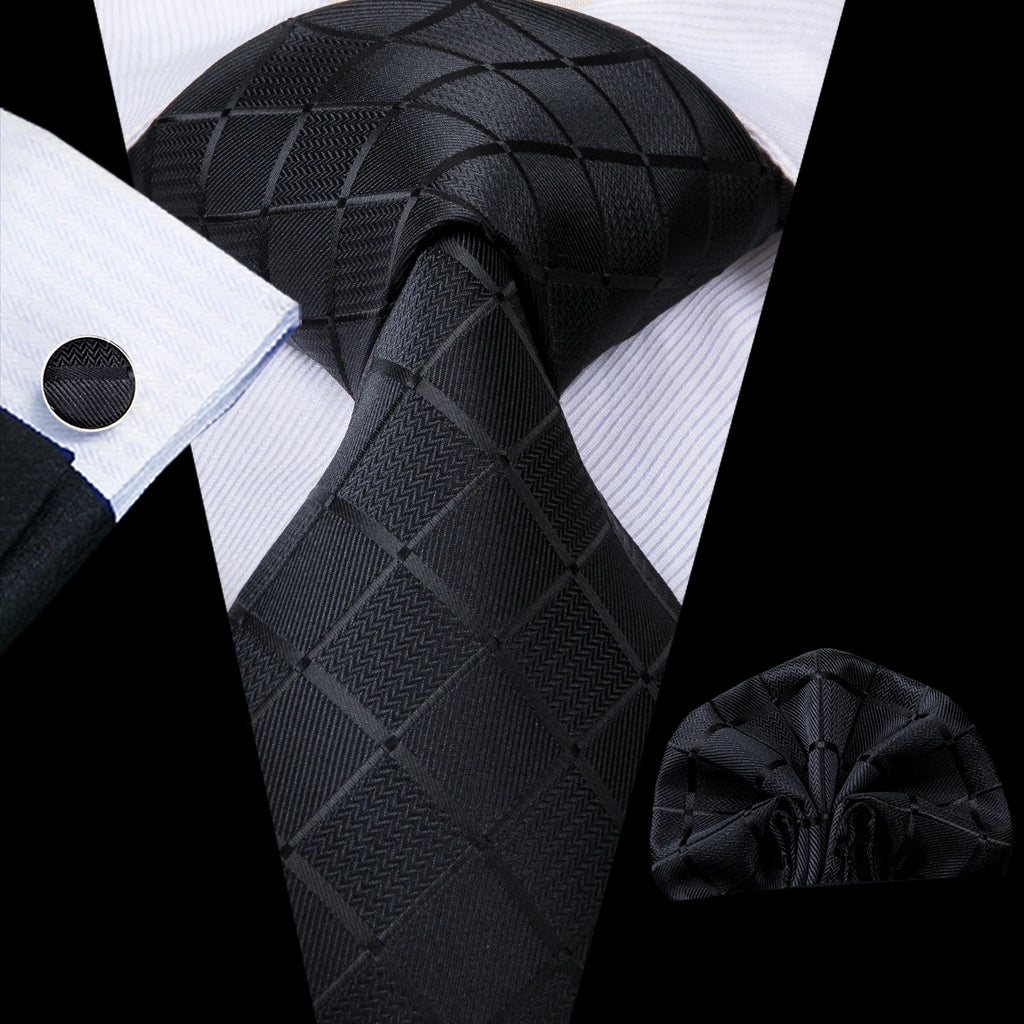 Barry.Wang Black White Gray Silver Men Tie Handkerchief Cufflinks Set Jacquard Necktie for Male Wedding Business Party Gift
