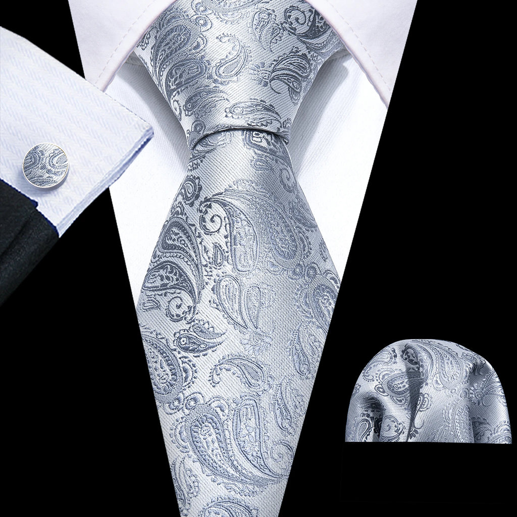 Barry.Wang Black White Gray Silver Men Tie Handkerchief Cufflinks Set Jacquard Necktie for Male Wedding Business Party Gift