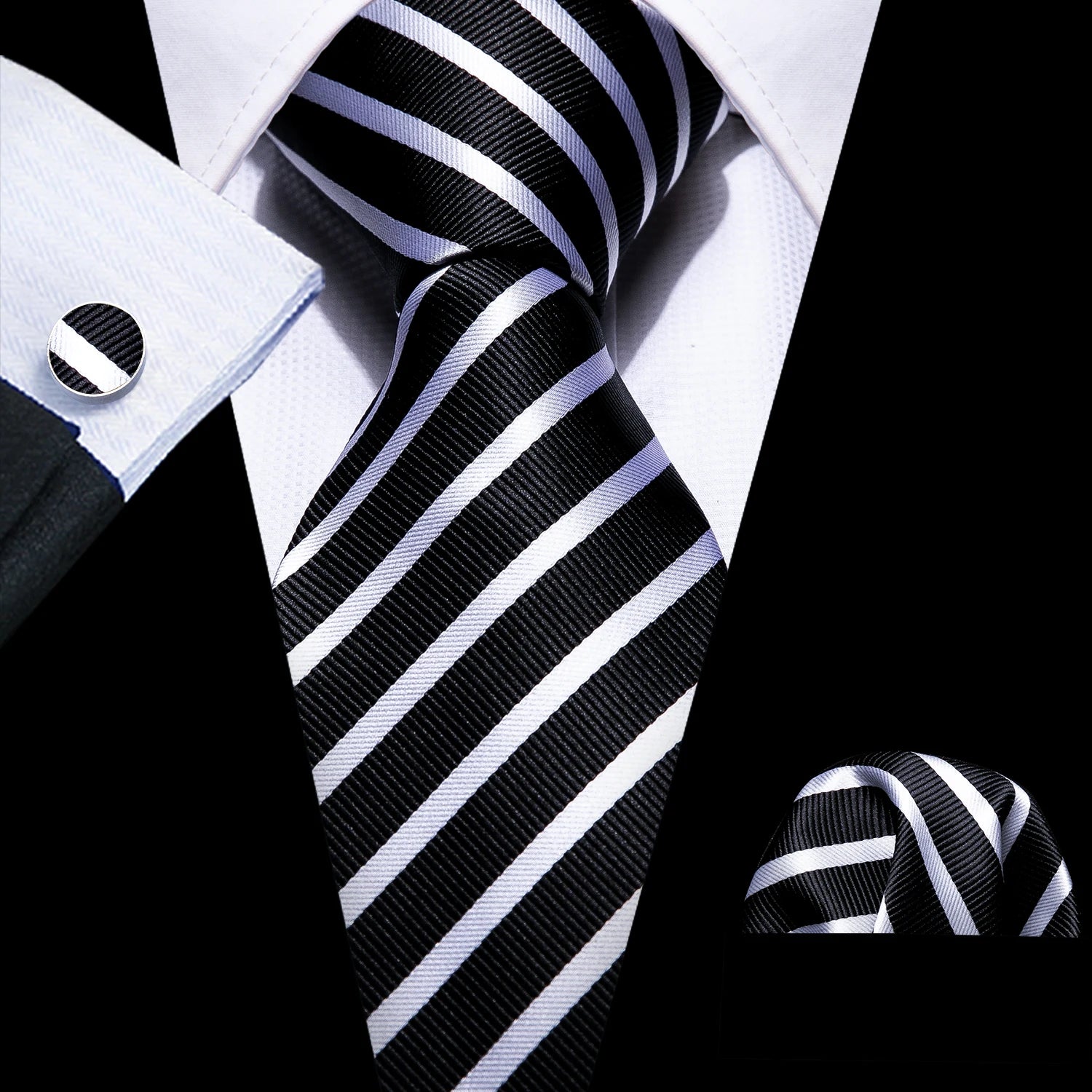 Barry.Wang Black White Gray Silver Men Tie Handkerchief Cufflinks Set Jacquard Necktie for Male Wedding Business Party Gift
