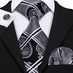 Barry.Wang Black White Gray Silver Men Tie Handkerchief Cufflinks Set Jacquard Necktie for Male Wedding Business Party Gift