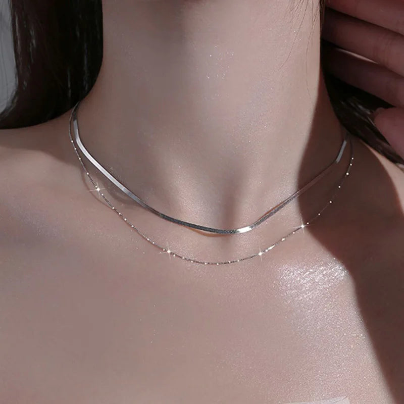 2023 S925 Silver Double Layer Box Chain Snake Clavicle Chain Necklace Female Fashion Hip-hop Retro Unique Design Fine Jewelry