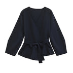 Spring Women Shoulder Pad Belt Knit Blazer Women Retro V-neck Long Sleeve Versatile Female Coat Women Clothes 9598/128