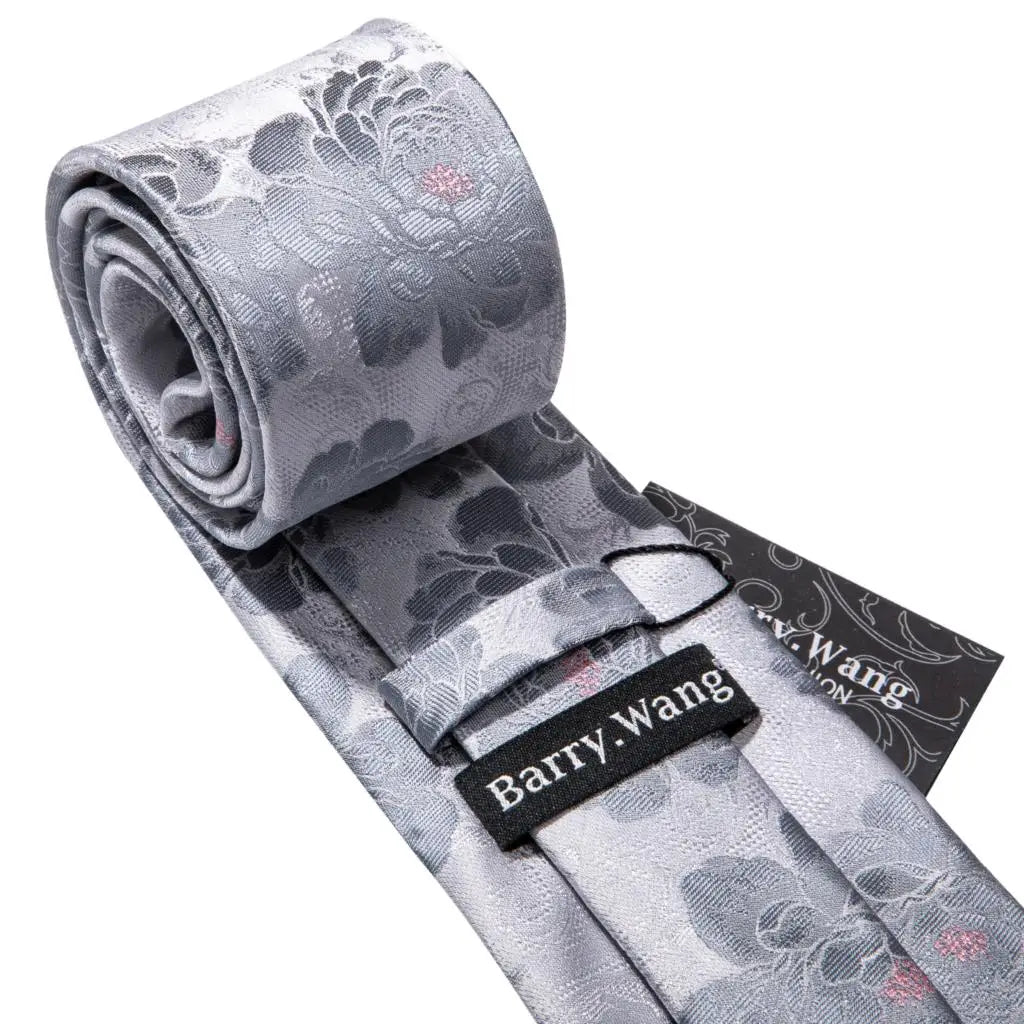 Barry.Wang Black White Gray Silver Men Tie Handkerchief Cufflinks Set Jacquard Necktie for Male Wedding Business Party Gift