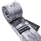 Barry.Wang Black White Gray Silver Men Tie Handkerchief Cufflinks Set Jacquard Necktie for Male Wedding Business Party Gift