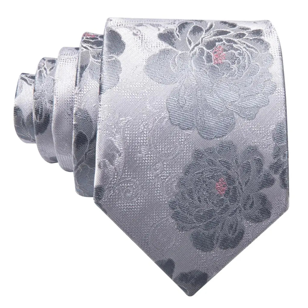 Barry.Wang Black White Gray Silver Men Tie Handkerchief Cufflinks Set Jacquard Necktie for Male Wedding Business Party Gift