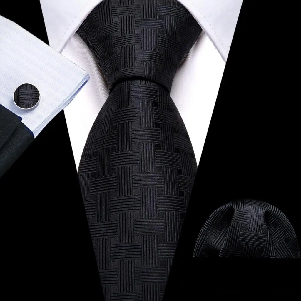 Barry.Wang Black White Gray Silver Men Tie Handkerchief Cufflinks Set Jacquard Necktie for Male Wedding Business Party Gift