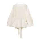 Spring Women Shoulder Pad Belt Knit Blazer Women Retro V-neck Long Sleeve Versatile Female Coat Women Clothes 9598/128