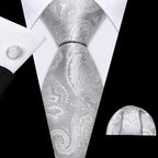 Barry.Wang Black White Gray Silver Men Tie Handkerchief Cufflinks Set Jacquard Necktie for Male Wedding Business Party Gift