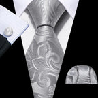 Barry.Wang Black White Gray Silver Men Tie Handkerchief Cufflinks Set Jacquard Necktie for Male Wedding Business Party Gift