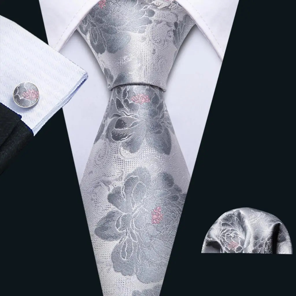 Barry.Wang Black White Gray Silver Men Tie Handkerchief Cufflinks Set Jacquard Necktie for Male Wedding Business Party Gift