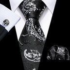 Barry.Wang Black White Gray Silver Men Tie Handkerchief Cufflinks Set Jacquard Necktie for Male Wedding Business Party Gift