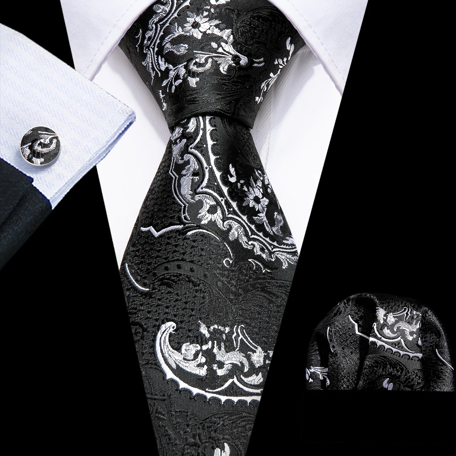 Barry.Wang Black White Gray Silver Men Tie Handkerchief Cufflinks Set Jacquard Necktie for Male Wedding Business Party Gift