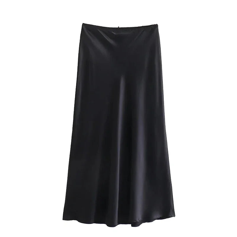 2024 Spring Women's Satin Bow-Decorated High-Waist A-Line Long Skirt - Vintage Chic Fashion