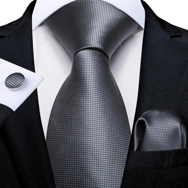 Barry.Wang Black White Gray Silver Men Tie Handkerchief Cufflinks Set Jacquard Necktie for Male Wedding Business Party Gift