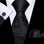 Barry.Wang Black White Gray Silver Men Tie Handkerchief Cufflinks Set Jacquard Necktie for Male Wedding Business Party Gift