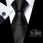 Barry.Wang Black White Gray Silver Men Tie Handkerchief Cufflinks Set Jacquard Necktie for Male Wedding Business Party Gift