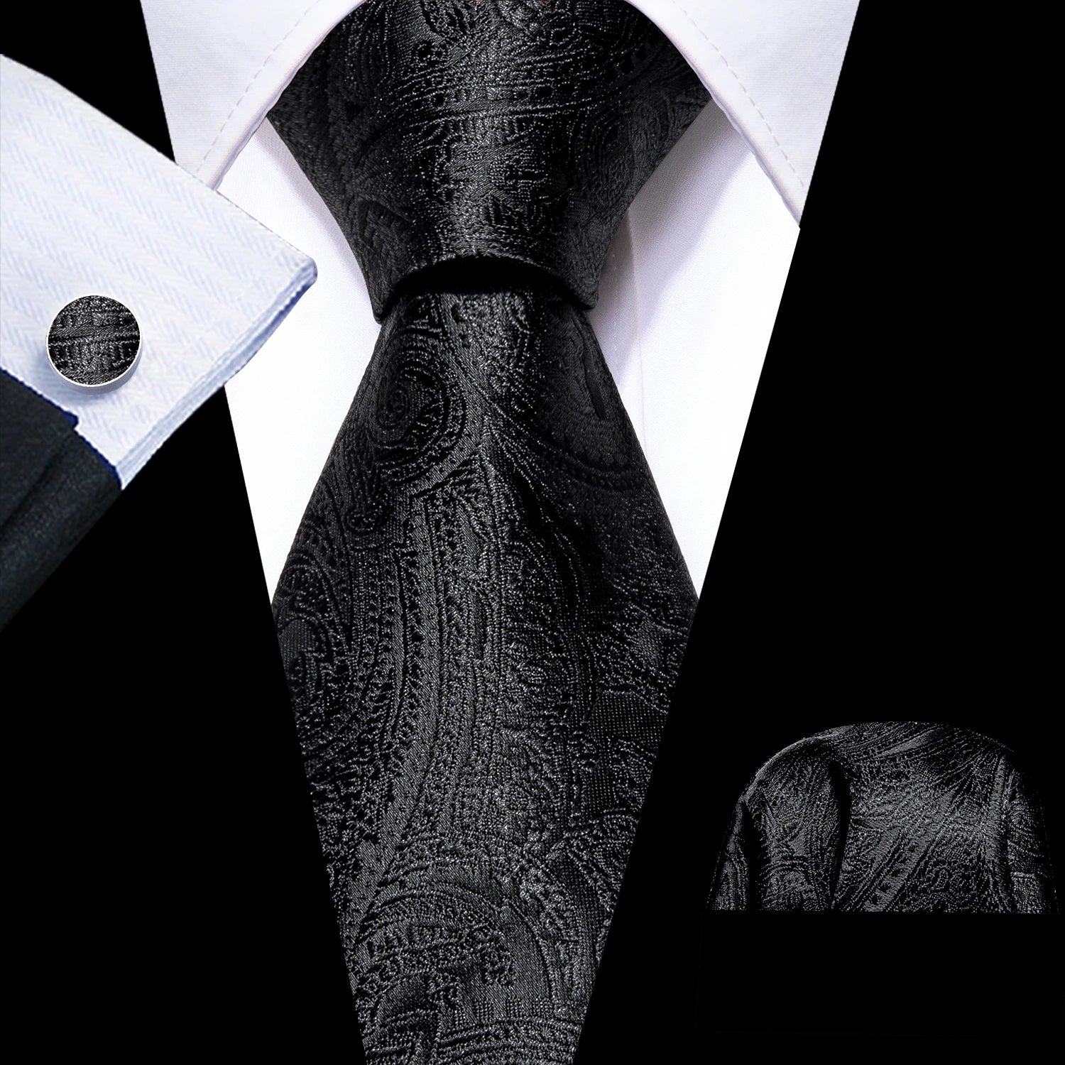 Barry.Wang Black White Gray Silver Men Tie Handkerchief Cufflinks Set Jacquard Necktie for Male Wedding Business Party Gift