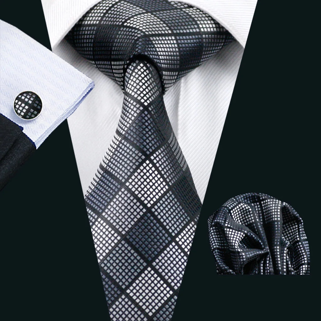 Barry.Wang Black White Gray Silver Men Tie Handkerchief Cufflinks Set Jacquard Necktie for Male Wedding Business Party Gift
