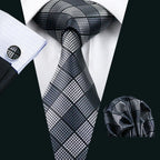Barry.Wang Black White Gray Silver Men Tie Handkerchief Cufflinks Set Jacquard Necktie for Male Wedding Business Party Gift