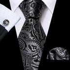 Barry.Wang Black White Gray Silver Men Tie Handkerchief Cufflinks Set Jacquard Necktie for Male Wedding Business Party Gift