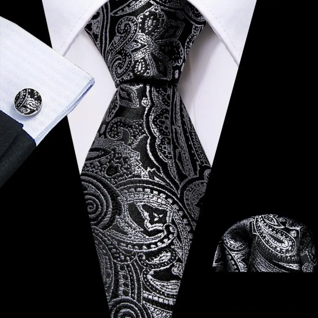 Barry.Wang Black White Gray Silver Men Tie Handkerchief Cufflinks Set Jacquard Necktie for Male Wedding Business Party Gift