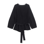Spring Women Shoulder Pad Belt Knit Blazer Women Retro V-neck Long Sleeve Versatile Female Coat Women Clothes 9598/128
