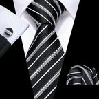 Barry.Wang Black White Gray Silver Men Tie Handkerchief Cufflinks Set Jacquard Necktie for Male Wedding Business Party Gift