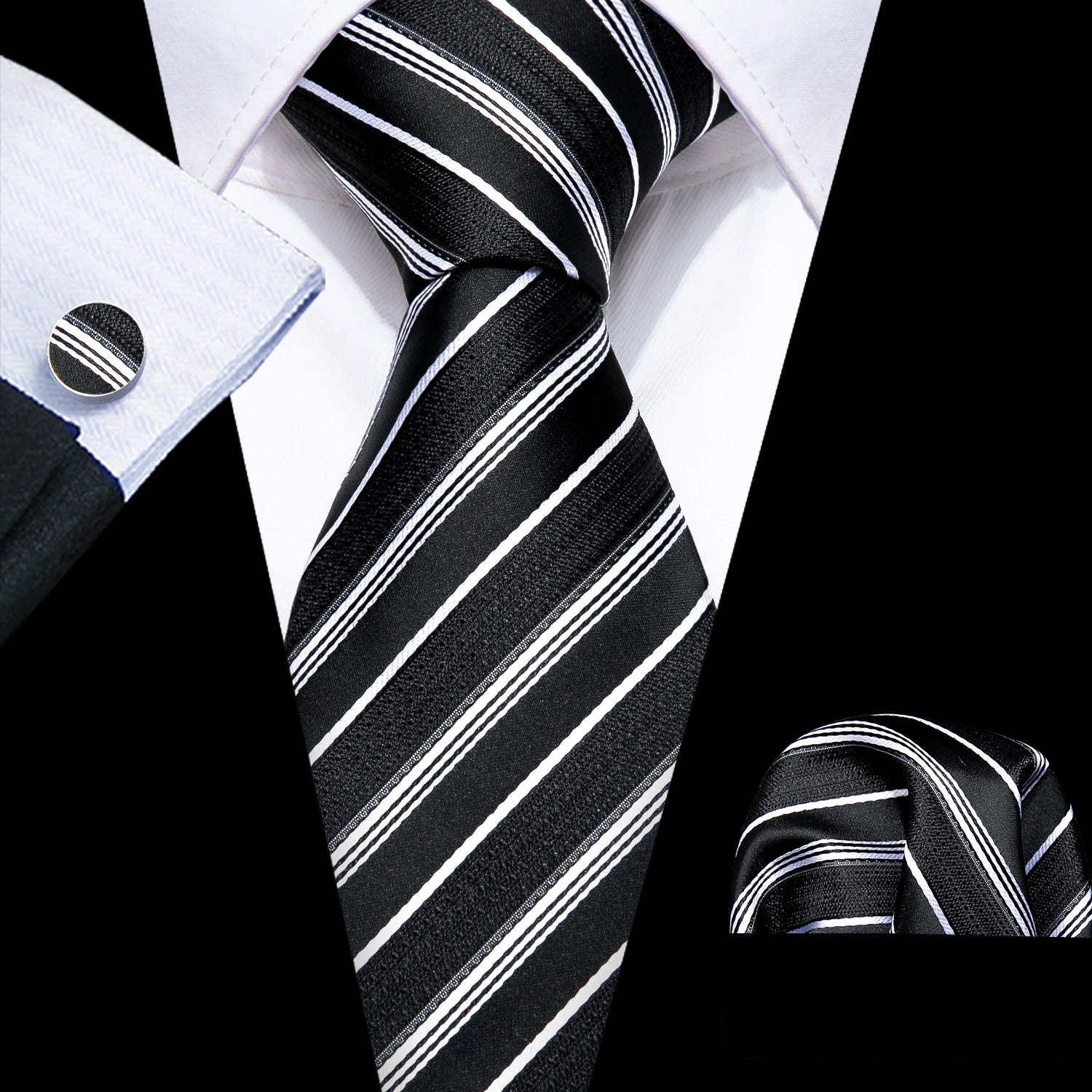 Barry.Wang Black White Gray Silver Men Tie Handkerchief Cufflinks Set Jacquard Necktie for Male Wedding Business Party Gift