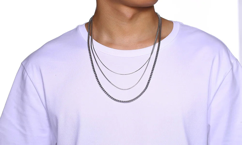 1/2/3MM Thin Chain Necklace for Men,Stainless Steel Square Box Chain Link Collars,Male Jewelry Gift