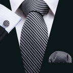 Barry.Wang Black White Gray Silver Men Tie Handkerchief Cufflinks Set Jacquard Necktie for Male Wedding Business Party Gift