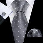 Barry.Wang Black White Gray Silver Men Tie Handkerchief Cufflinks Set Jacquard Necktie for Male Wedding Business Party Gift