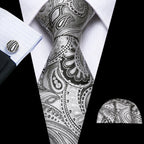 Barry.Wang Black White Gray Silver Men Tie Handkerchief Cufflinks Set Jacquard Necktie for Male Wedding Business Party Gift