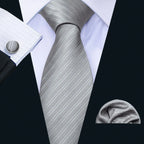 Barry.Wang Black White Gray Silver Men Tie Handkerchief Cufflinks Set Jacquard Necktie for Male Wedding Business Party Gift