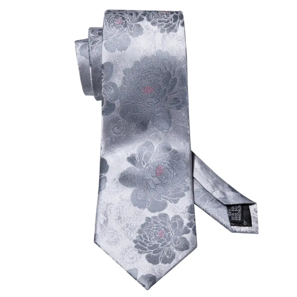 Barry.Wang Black White Gray Silver Men Tie Handkerchief Cufflinks Set Jacquard Necktie for Male Wedding Business Party Gift