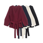 Spring Women Shoulder Pad Belt Knit Blazer Women Retro V-neck Long Sleeve Versatile Female Coat Women Clothes 9598/128