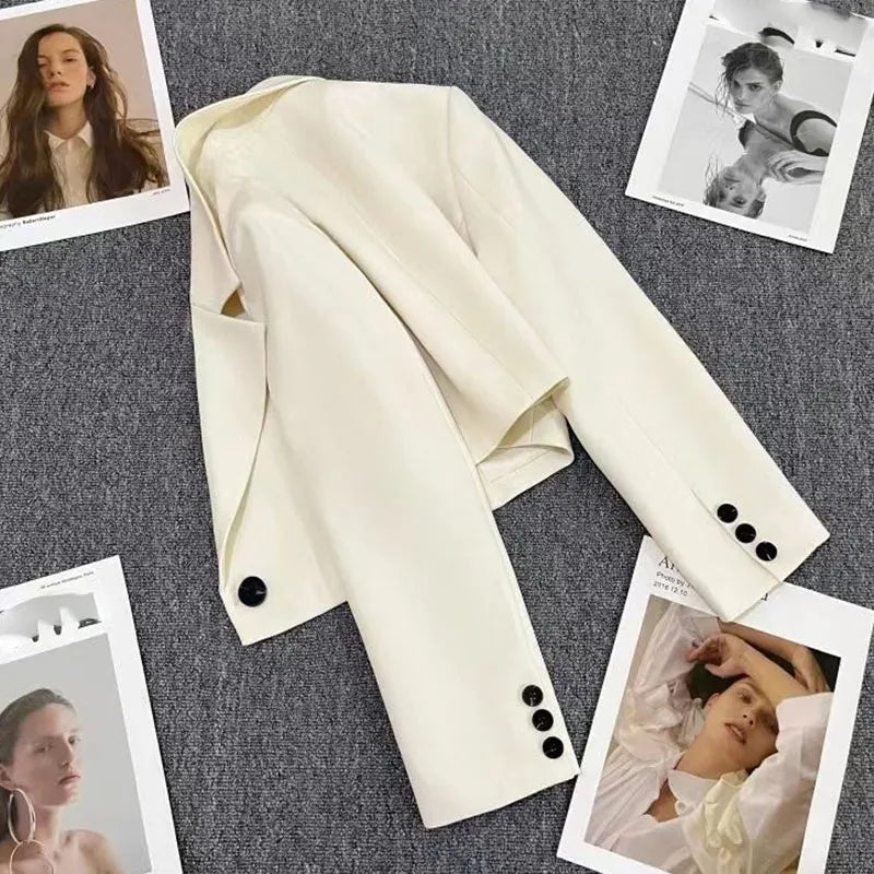 Black Cropped Blazers Woman Trend 2024 New All-match Notched Collar Crop Jacket Women Korean Chic Single Button Suit Coat