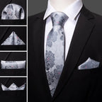 Barry.Wang Black White Gray Silver Men Tie Handkerchief Cufflinks Set Jacquard Necktie for Male Wedding Business Party Gift