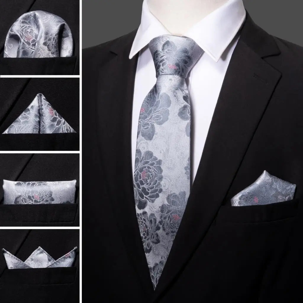 Barry.Wang Black White Gray Silver Men Tie Handkerchief Cufflinks Set Jacquard Necktie for Male Wedding Business Party Gift